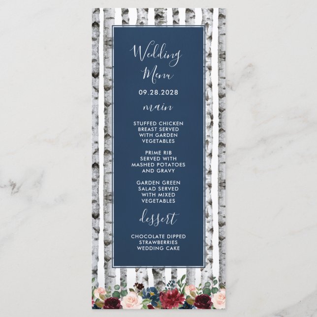 Cartes de menu de mariage aux arbres de bouleau bl (Devant)