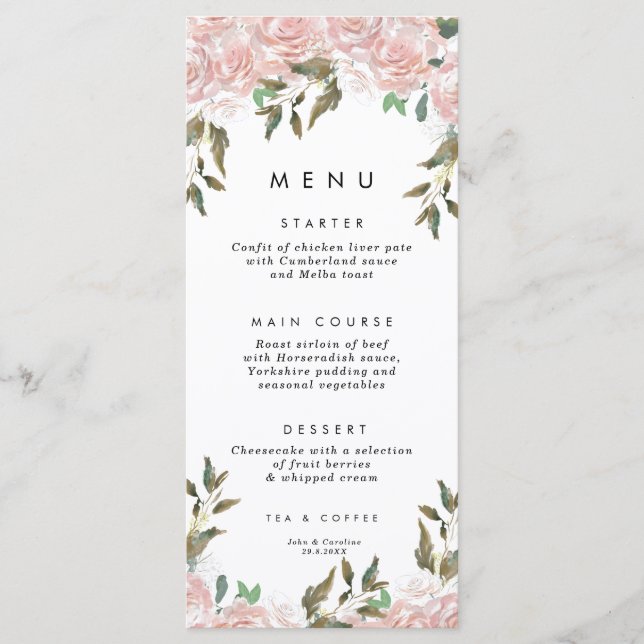 cartes de menu de mariage avec roses roses et verd (Devant)