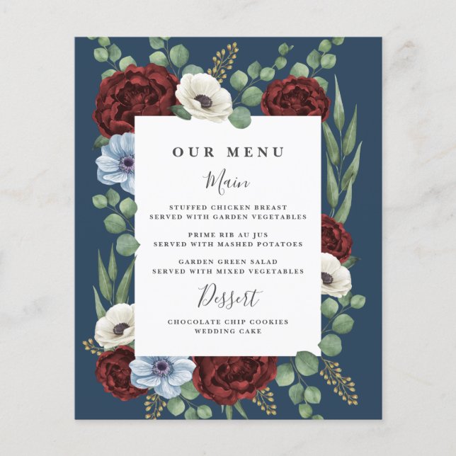 Cartes de menu de mariage bleu poussiéreux de Bour (Devant)