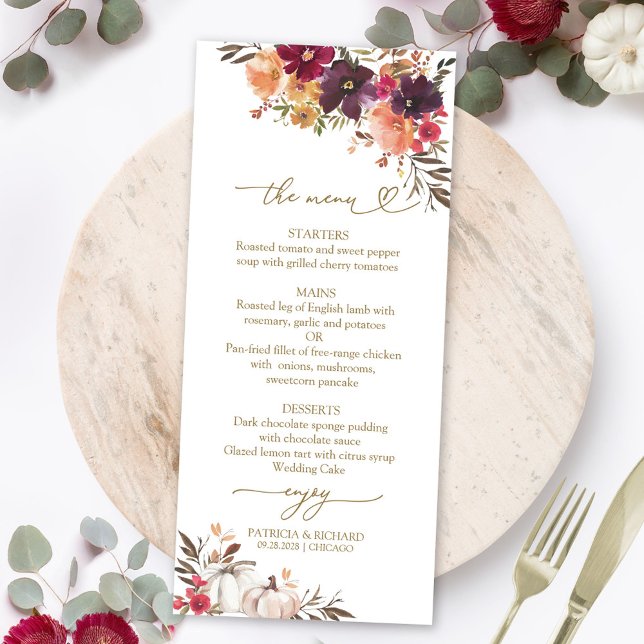Cartes de menu de mariage citrouille bordeaux pour (Créateur téléchargé)