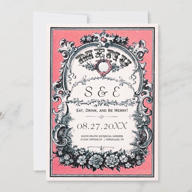 Cartes de menu de mariage de jardin vintage (Devant)
