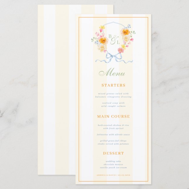 Cartes de menu de mariage de printemps avec rayure (Devant / Derrière)