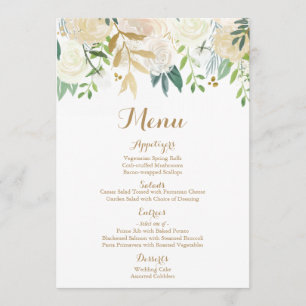 Cartes de menu de mariage d'or et de fleur blanche