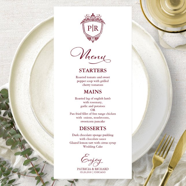 Cartes de menu de mariage élégantes monogramme bor (Créateur téléchargé)