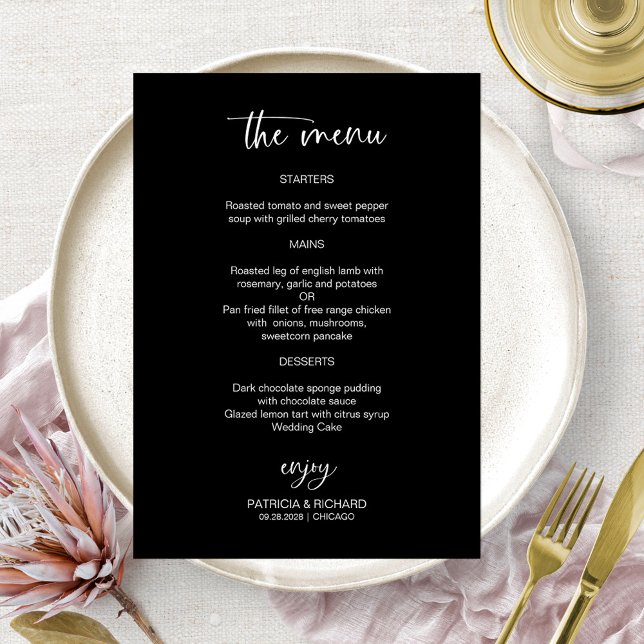 Cartes de menu de mariage élégantes noir et blanc (Créateur téléchargé)