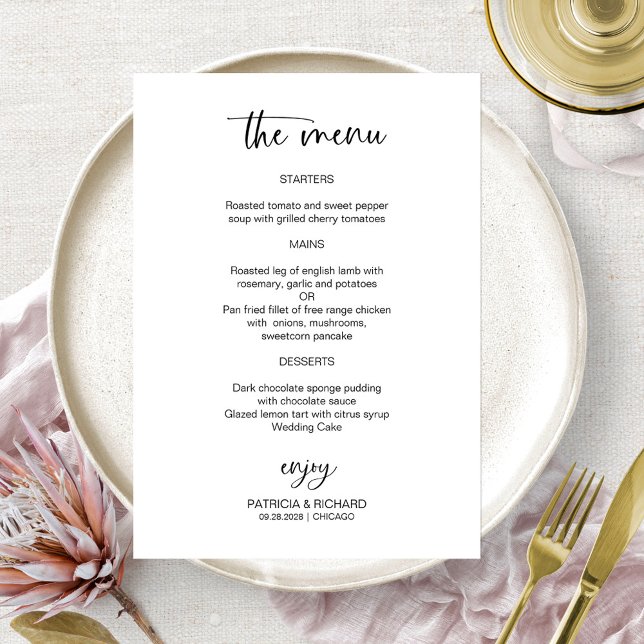 Cartes de menu de mariage élégantes noir et blanc (Créateur téléchargé)