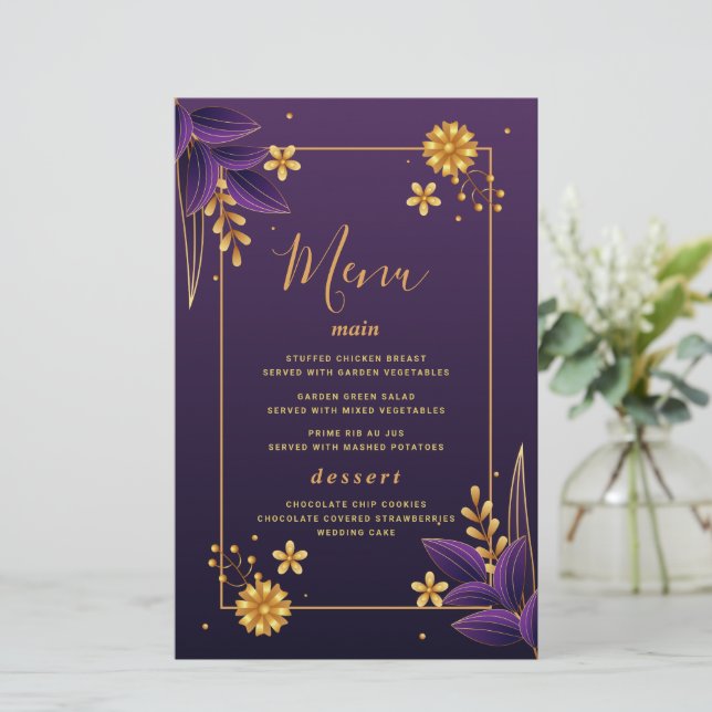 Cartes de menu de mariage floral esthétique violet (Debout devant)