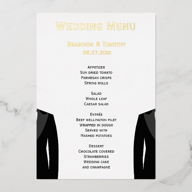Cartes de menu de mariage gay en feuille d'or véri (Recto)