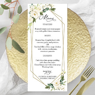 Cartes de menu de mariage géométrique floral blanc