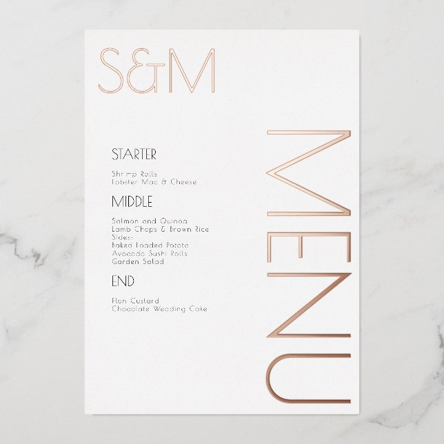 Cartes de menu de mariage initial gras pressé jour (Recto)
