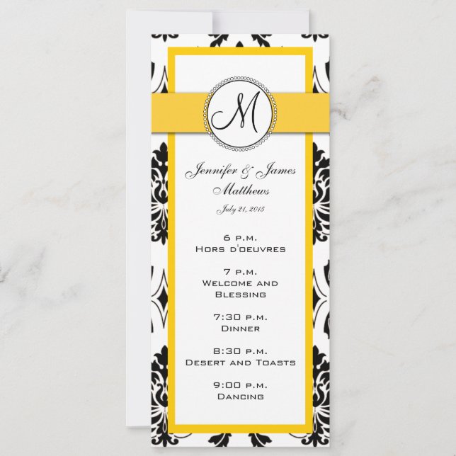 Cartes de menu de mariage jaune en damas noir (Devant)