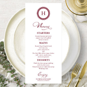 Cartes de menu de mariage Monogramme Bordeaux
