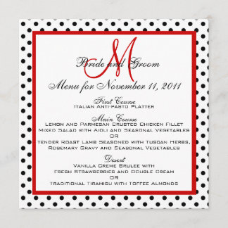 Cartes de menu de mariage points rouge monogramme