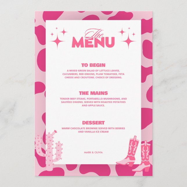 Cartes de menu de mariage rétro Cowgirl Disco Rose (Devant)