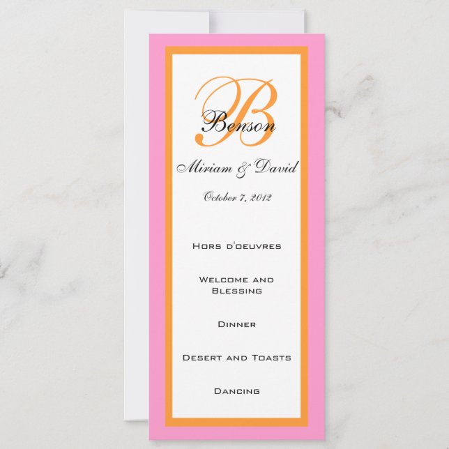 Cartes de menu de mariage rose orange (Devant)
