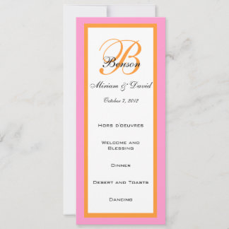 Cartes de menu de mariage rose orange