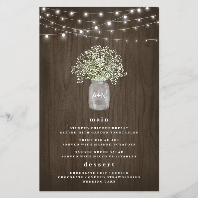 Cartes de menu de mariage rustique au jarres de ma (Devant)