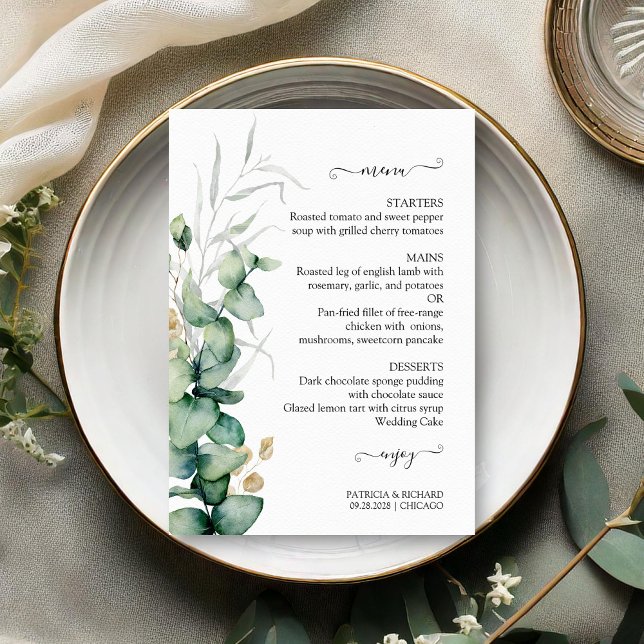 Cartes de menu de mariage Rustique Chic Eucalyptus (Créateur téléchargé)