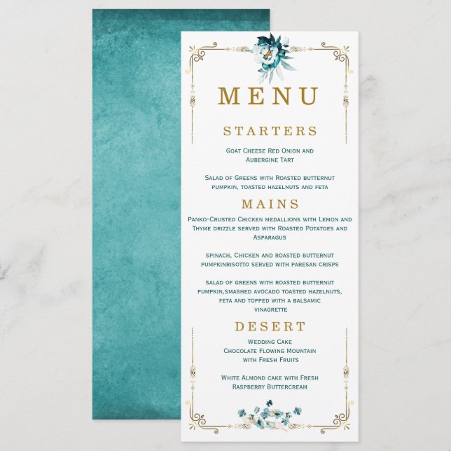 Cartes de menu de mariage sarcelle et or (Devant / Derrière)