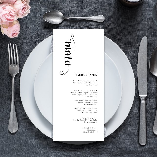 Cartes de menu de mariage simples noir et blanc (Simple black and white wedding menu cards add timeless elegance to each place setting)