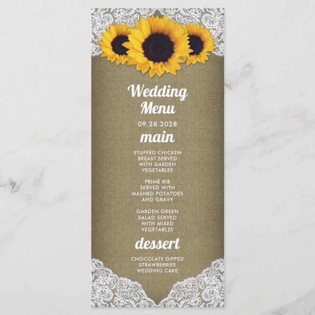 Cartes de menu de mariage tournesol toile de jute  (Devant)