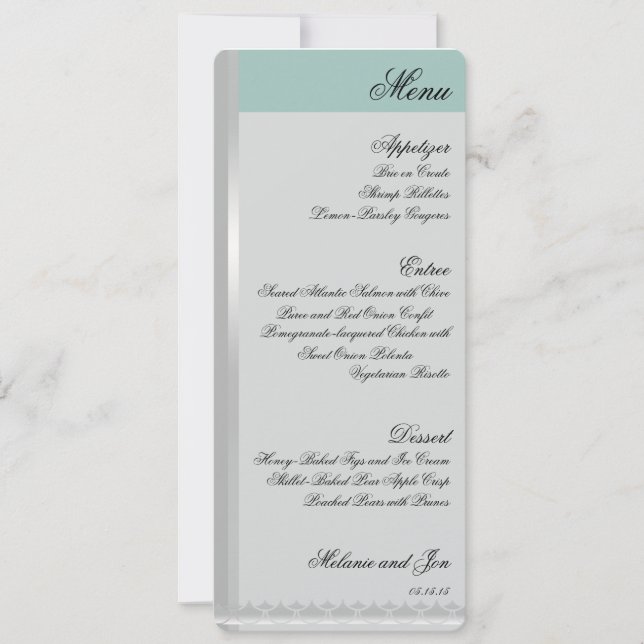 Cartes de menu de réception de mariage à blocs de  (Devant)