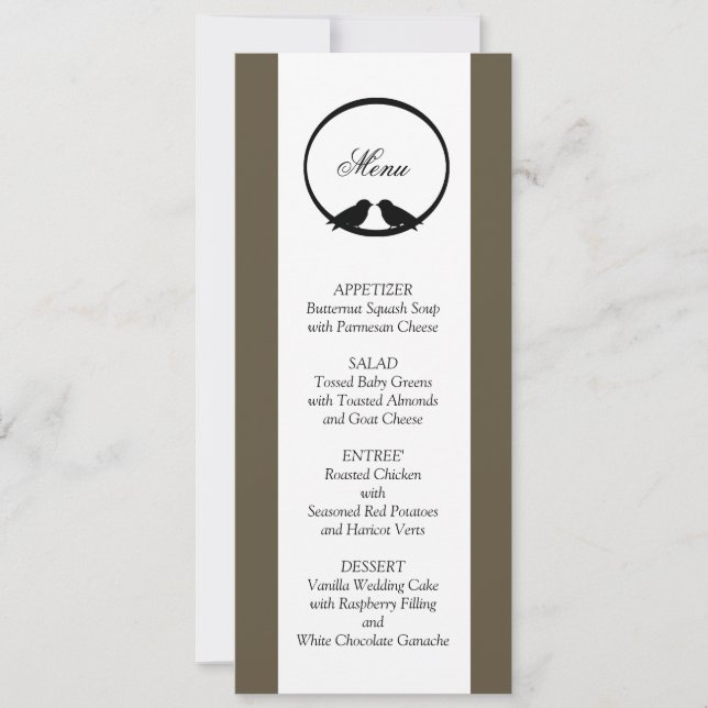 Cartes de menu de réception de mariage Lovebirds (Devant)