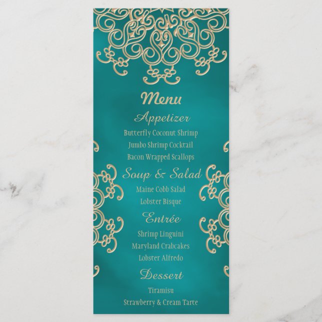 Cartes de menu de style indien turquoise et or (Devant)