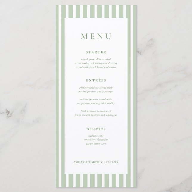 Cartes de menu de table de mariage à rayures vert  (Devant)