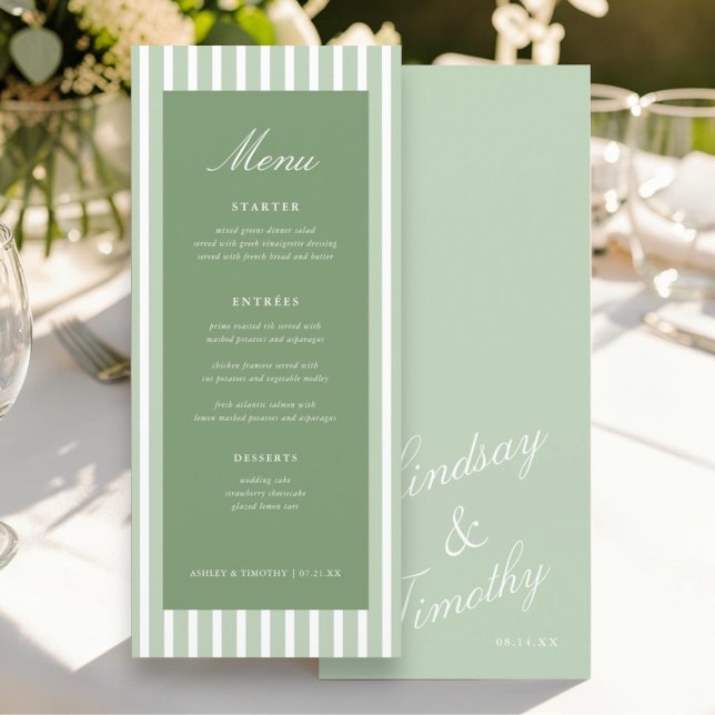 Cartes de menu de table de mariage rayées vert rét (Créateur téléchargé)