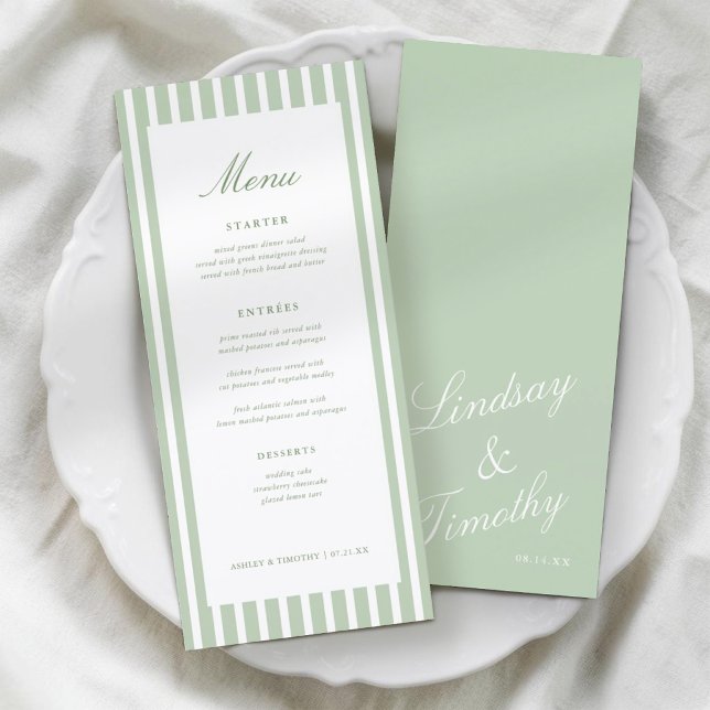 Cartes de menu de table de mariage rayées vert sau (Créateur téléchargé)