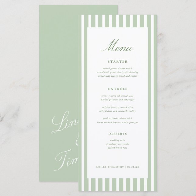 Cartes de menu de table de mariage rayées vert sau (Devant / Derrière)