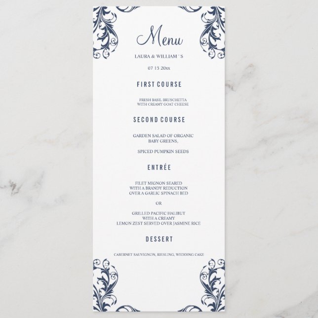 Cartes de menu du dîner mariage | Style bleu marin (Devant)