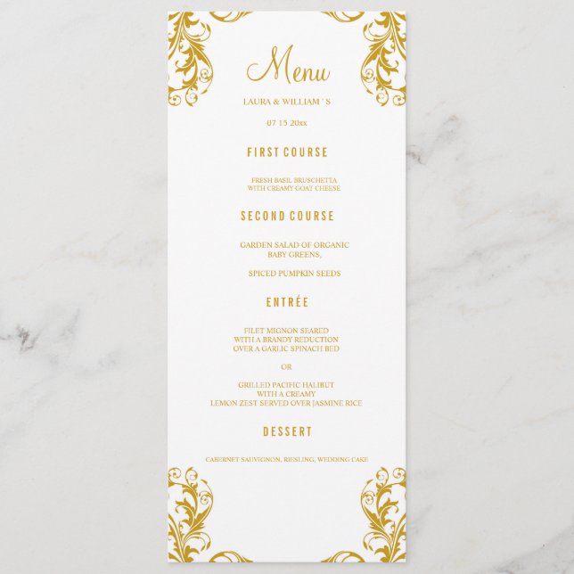 Cartes de menu du dîner mariage | Style Damas or (Devant)