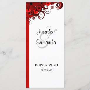 Cartes de menu du Mariage à fleurs rouges et blanc