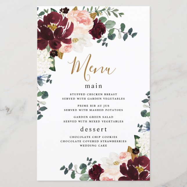 Cartes de menu du Mariage d'or rose rouge Bourgogn (Devant)