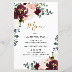 Cartes de menu du Mariage d'or rose rouge Bourgogn