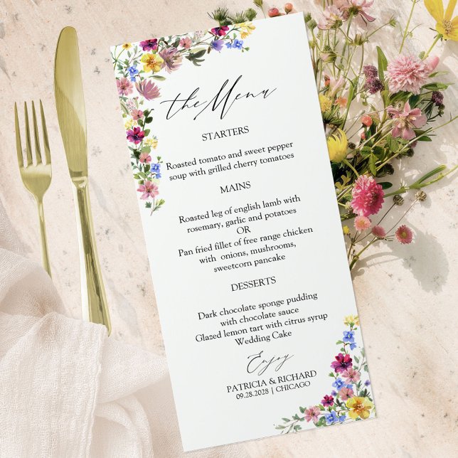 Cartes de menu du Mariage Fleur sauvage Boho (Créateur téléchargé)