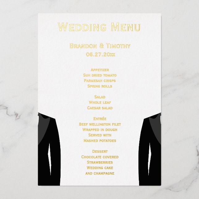 Cartes de menu élégantes en or véritable pour mari (Recto)