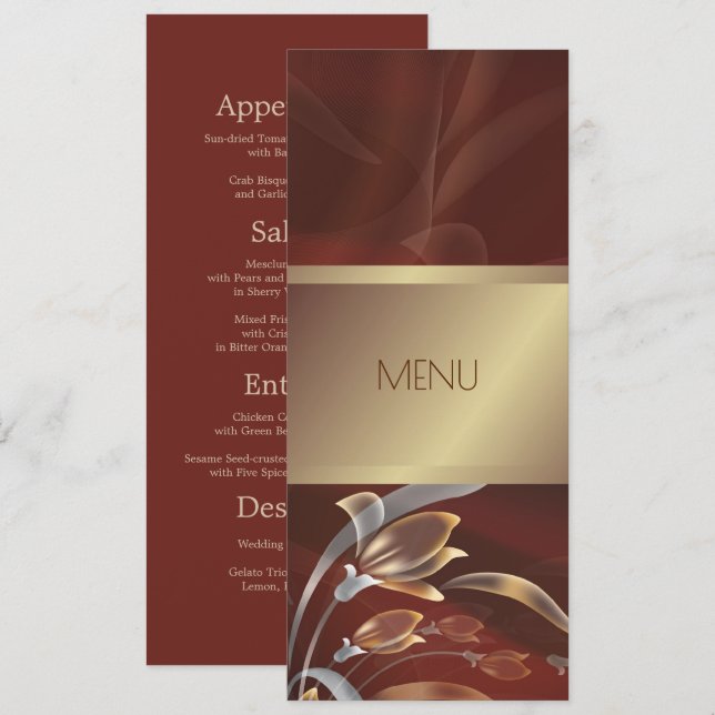 Cartes de Menu Élégantes Florales Caoba | Or (Devant / Derrière)