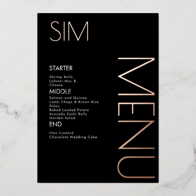 Cartes de menu en or rose pressé avec logo initial (Recto)