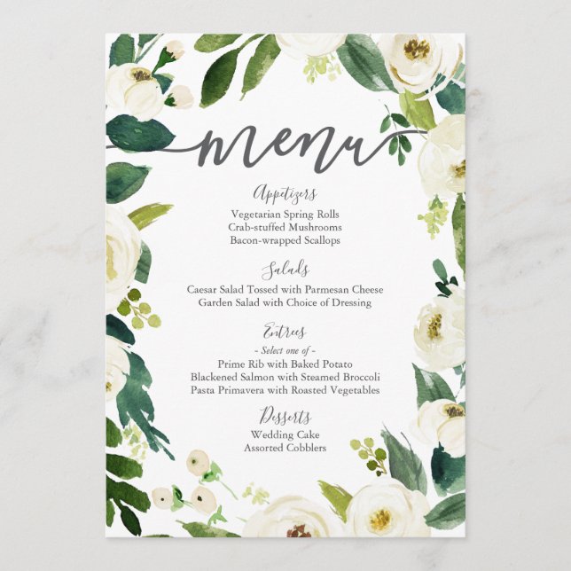 Cartes de menu Fleur Blanche et Mariage Vert (Devant)