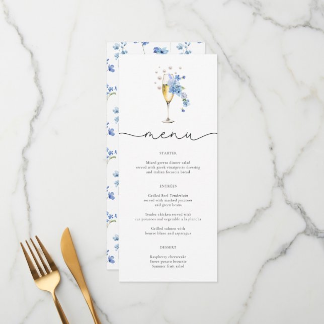 Cartes de menu Fleur sauvage Dusty Blue Pearls & P (Devant/Arrière en situation)