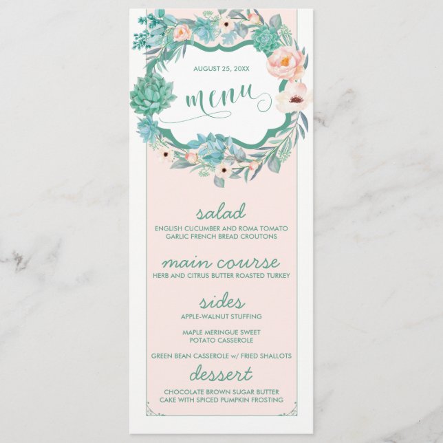 Cartes de menu Floral Succulent & Blush Mariage (Devant)