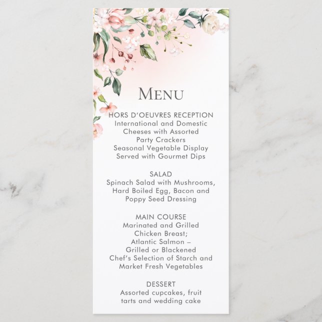Cartes de menu florales roses et blanches pêche (Devant)