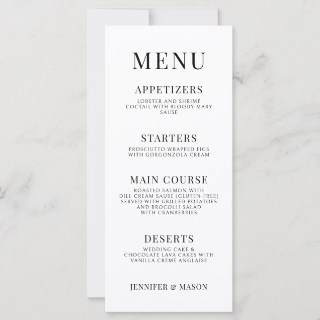 Cartes de menu mariage à fleurs blanches noires (Devant)