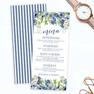 Cartes de menu mariage aux fleurs de bleuets éléga