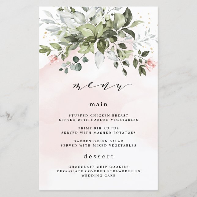 Cartes de menu Mariage bleu Dusty Gold Blush (Devant)