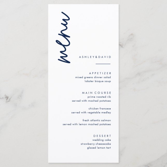 Cartes de menu Mariage bleu marine simple (Devant)