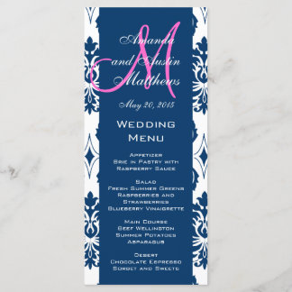 Cartes de menu Mariage Blue Damask Monogram